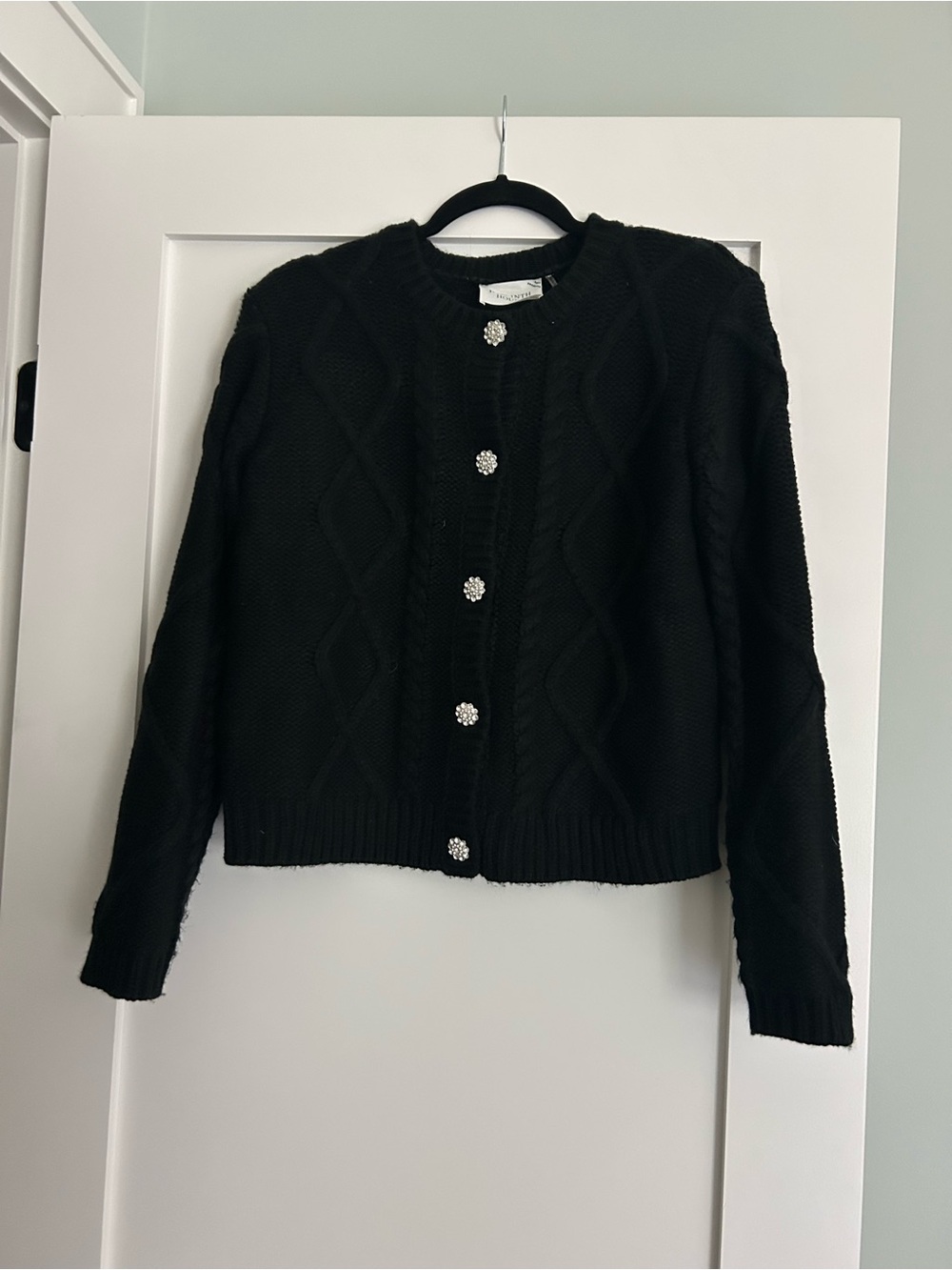 Women's Black Cable Knit Cardigan with Crystal Buttons
